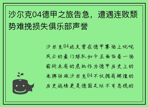 沙尔克04德甲之旅告急，遭遇连败颓势难挽损失俱乐部声誉