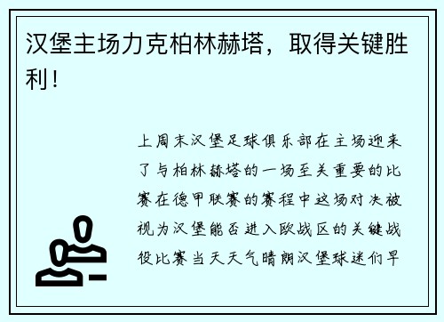 汉堡主场力克柏林赫塔,取得关键胜利! 汉堡主场力克柏林赫塔,取得关键胜利!